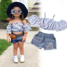 Clothing Sets 6-36Months Baby Girls Clothes Set Ruffles Long Sleeve Off Shoulder Tops Denim Ripped Shorts 2pcs Outfits For