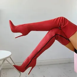 Boots Over The Knee Red Black Sexy PU Leather Women Thigh High Zipper Long Heels Winter Autumn Shoes