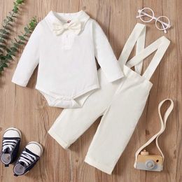 Clothing Sets 0-24 Months Baby Boy Clothes Set Solid Long Sleeves Bodysuit+Overall 2PCS Gentleman Suit Wedding Dinner Clothing for Toddler Boy Y240515