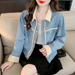 Women's Jackets Long Sleeve Cropped Denim Jacket Blue Ripped Button Flap Pockets Coats & Clothing