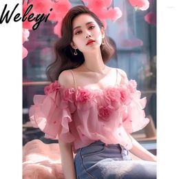 Women's Blouses Korean Style Three Dimensional Flower Shirts Summer Unique Short Sleeve Koszule I Bluzki Off Shoulder Loose Tops