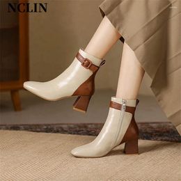Boots 2024 Autumn/winter Women Square Toe Chunky Heels For Mixed Colour Short Split Leather High