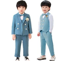 Suits Gentleman Kids Birthday Suit Flower Boys Formal Wedding Party Performance Dance Show Wear Children Light Blue Photograph Dress Y240516