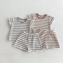 Clothing Sets 0-5-year-old Baby Clothes Summer Striped Girls Short Sleeved T-shirt Top Solid Colour Breathable Boys Pullover Shorts Set