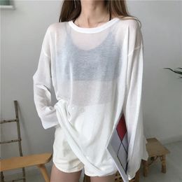 Summer Thin Ice Silk Long Sleeve T Shirt Tops O Neck Loose Versatile Youth Pullovers Simplicity Casual Women Clothing 240514