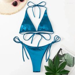 Women's Swimwear Sexy Solid Halter Top Two Piece Swimsuit Tie Side Triangle Bikini Summer Bathing Suit Beachwear Set