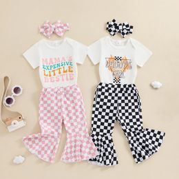 Clothing Sets Summer Baby Girls 3pcs Clothes Casual Letter Print Short Sleeves Romper Plaid Flare Pants Headband Toddler Outfits Set