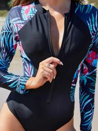 Women's Swimwear 2024 Summer Women Diving Suit Long Sleeve Sun-proof Swimsuit Floral Print Zipper One-Piece Slim Bathing Suits Biquinis
