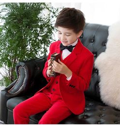 Suits Children Red Jacket Vest Pants Bowtie 4PCS Photography Suit Boys Suit For Wedding Teenager Kids Prom Show Ceremony Tuxedo Dress Y240516