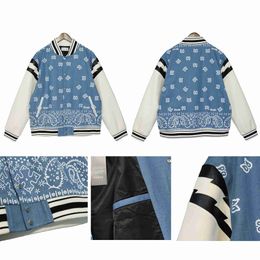 Rhude High end designer jackets for Cashew Flower Allover Print High Street Fashion Denim Jacket Coat Leather Baseball Shirt With 1:1 original labels