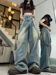 Women's Jeans Pink Dopamine Cargo Pants Shoulder Straps High Waist Chic Harajuku Street Wide Leg Denim Trousers Spring Autumn