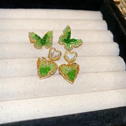 Stud Earrings Gradient Green Crystal Butterfly Heart For Women Sweet Fashion Party Jewellery