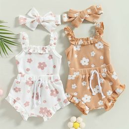 Newborn Baby Girls Summer Clothes Sets Floral Print Ruffles Sleeveless Waffle Rompers Bodysuits+Drawstring Shorts 3cps Outfits L2405