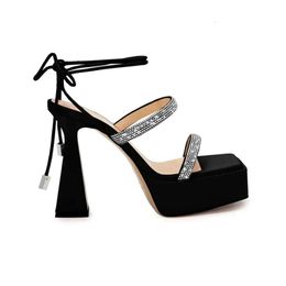 Leather 2024 Real Women Ladies Genuine Satin Sandals Chunky High Heels Summer Square Head Casual Platform Peep Toe Party Wedding Cross-tied Narrow Band Diamond d 542a