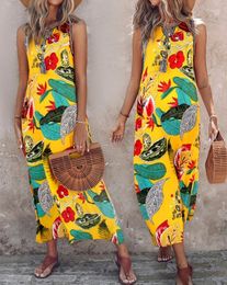 Casual Dresses Women's Vintage Plants Print Tied Detail Maxi Dress Female Clothing Temperament Summer Women Fashion Vacation
