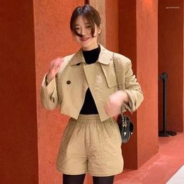 Work Dresses Korean Chic Autumn/winter Retro High-end Versatile Short Cotton Jacket Elastic Waist Wide Leg Shorts Two-piece Set Female