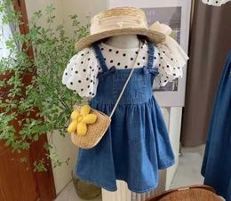 Clothing Sets Girls Summer Set 2023 New Polka Dot Puff Sleeves Short sleeved Top+Cowboy Bowband Dress 2-piece Clothing Set WX