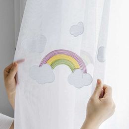 Window Treatments# Cartoon Rainbow Clouds Embroidered Tulle Children Curtains for Kids Bedroom Window Kitchen for Living Room X-ZH045 C Y240517