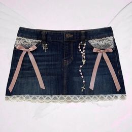 Skirts Y2K Retro Blue Denim Mini Skirt Women Summer Sexy Club High Waist Lace Short Harajuku Gothic Girl Slim A Line