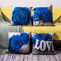Pillow Blue Rose Linen Pillowcase 40 Living Room Sofa Cover 60 Home Decoration Valentine's Day Gift