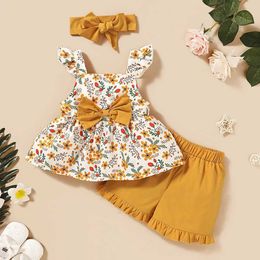 Clothing Sets 3 pieces of baby and girl clothing set with floral suspender top bow+shorts+headband cute childrens fashion set for 1-5 years old WX