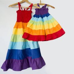 Mother Kids Dresses Family Matching Outfits Summer Mom Daughter Camisole Dress Rainbow Stripe Woman Girls Mommy and Me Clothing 240515