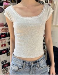 Women's T Shirts Lace Trim Scoop Neck Gray Slim T-shirt 2024 Summer Short Sleeve Cotton Tshirts Women Casual Cute Sweet Crop Tops Y2k