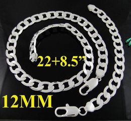 Fashion Men039s Jewellery set 925 Silver 12MM Curb Chain Flat Necklace Bracelet set 2285inch 10sets5082509