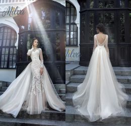 Dresses Milva Bridal Wedding Dresses Sexy Wedding Dresses with Detachable Train Sheer Long Sleeves Low Back Lace Mermaid Bridal Gowns