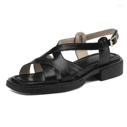 Sandals 2024 Summer Original Leather Cowhide Material Women Flat Fashion Beach Shoes Good Quality Black Comfortable