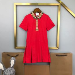 Dresses Girls' Red Cotton Polo Dress with Pleated Skirt Summer Preppy Style, Short Sleeves, Size 90150cm