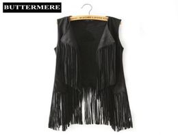 BUTTERMERE Brand Clothing Fringe Suede Vest Women Faux Leather Sleeveless Jacket Tassel Ethnic Waistcoat Black Brown Chalecos1807813