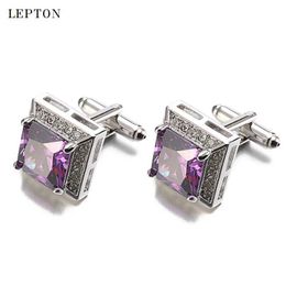 Cuff Links High Quality Purple AAA Zircon Mens Cufflinks Hot Selling Luxury Crystal Cufflinks Groom Wedding Jewellery Gift Box