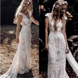 BohoLace Trumpet Mermaid Wedding Dresses For Maternity Women V Neck Cap Sleeves Country Bridal Gowns Sweep Train Slim Sexy Robes de Mar 2640