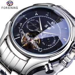 Forsining Business Mens Automatic Mechanical Watch Tourbillon Calendar Week Display Silver Stainless Steel Erkek Kol Saati Clock 242q