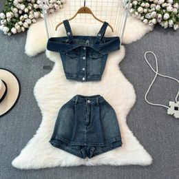 Work Dresses Women Shorts Suits Off Shoulder Button Spice Girl Jeans Tops High Waist Skinny Package Hip Denim Summer Clothing Set Outfits