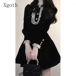 Casual Dresses Xgoth Hepburn Style Luxury Dress For Women Black Lace Long Sleeve A-line Vintage Sweet Short Skirt Spring Female Clothes