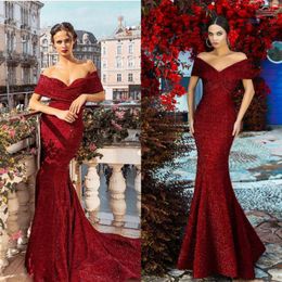 2020 Sparkly Red Evening Dresses With Glitter Beads Off The Shoulder Mermaid Prom Dress Custom Made Plus Size Formal Occasion Gowns 217U