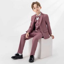 Suits Children White Pink Piano Party Dress Kids Jacket Vest Pants Bowtie 4PS Ceremony Photograph Suit Flower Boys Performance Costume Y240516QOE3