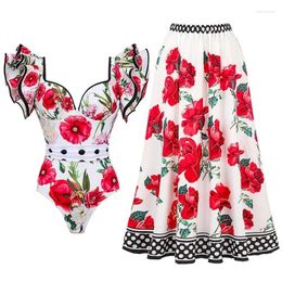 Women's Swimwear Women Plus Size XXL-4XL Floral Ruffled One Piece Dress Cover Ups Pareo Designer Bathing For Summer Holiday Luxury Suit