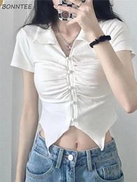 Women's T Shirts T-Shirts Women Turn-down Collar Folds Design All-match Trendy Sweet Sexy Girls Slim Fit Solid Crop Tops Summer Ins