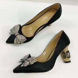 Ladies 2024 women stain Genuine real leather dress shoes diamond chunky high heels sandals summer pollige pointed toe wedding sexy Slip-On Ballots size 35-43 9bed