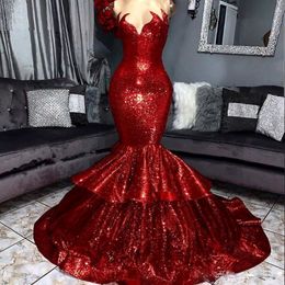 Sparkly Red Mermaid Prom Dresses Sheer Neck Sequined Glitters Sweep Train Evening Gowns Special Occasion Dress robes de soiree 232S