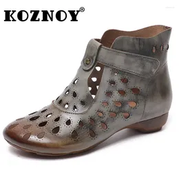 Boots Koznoy Women Mid Calf 2cm Genuine Leather Hollow Hook Ankle Summer Breathable Moccasins Designer In Ethnic Shoes