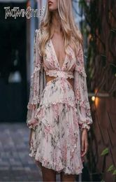 Boho Floral Ruffle Pink Bandage Sexy Beach Dress 2019 Summer Clothes For Women Long Sleeve Korean Elegant Bohemian4073748