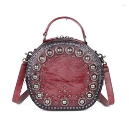 Shoulder Bags Vintage Handmade For Women Rivet Round Luxury Handbags Ladies Genuine Leather Bag Woman Trend 2024