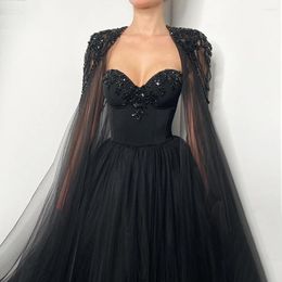 Party Dresses Luxury Dubai Black Beaded Tulle Arabic A-Line Evening Dress With Cape Sleeves For Elegant Women Birthday Formal Gowns