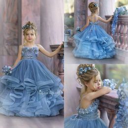 2021 Cute Flower Girl Dresses For Wedding Spaghetti Lace Floral Appliques Tiered Skirts Girls Pageant Dress A Line Kids Birthday Gowns 234B