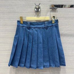 Skirts 2024 Summer Fashion Sweet Blue Denim Pleated Mini Womens High Waist Side Zipper Vintage Preppy Style Cool Skirt