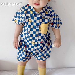 ROmpers The summer of 2023 is new Cute newborn baby short sleeved plain cartoon printed jumpsuit childrens cotton clothing d240516